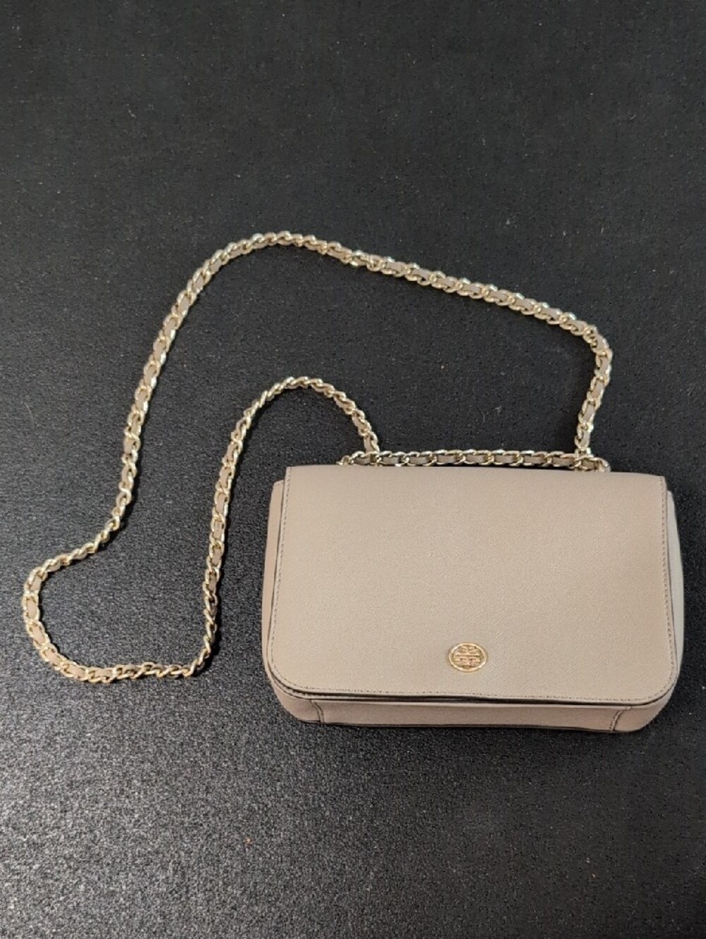 Tory Burch Fleming Leather Convertible Crossbody Shoulder Bag Taupe Gold Chain